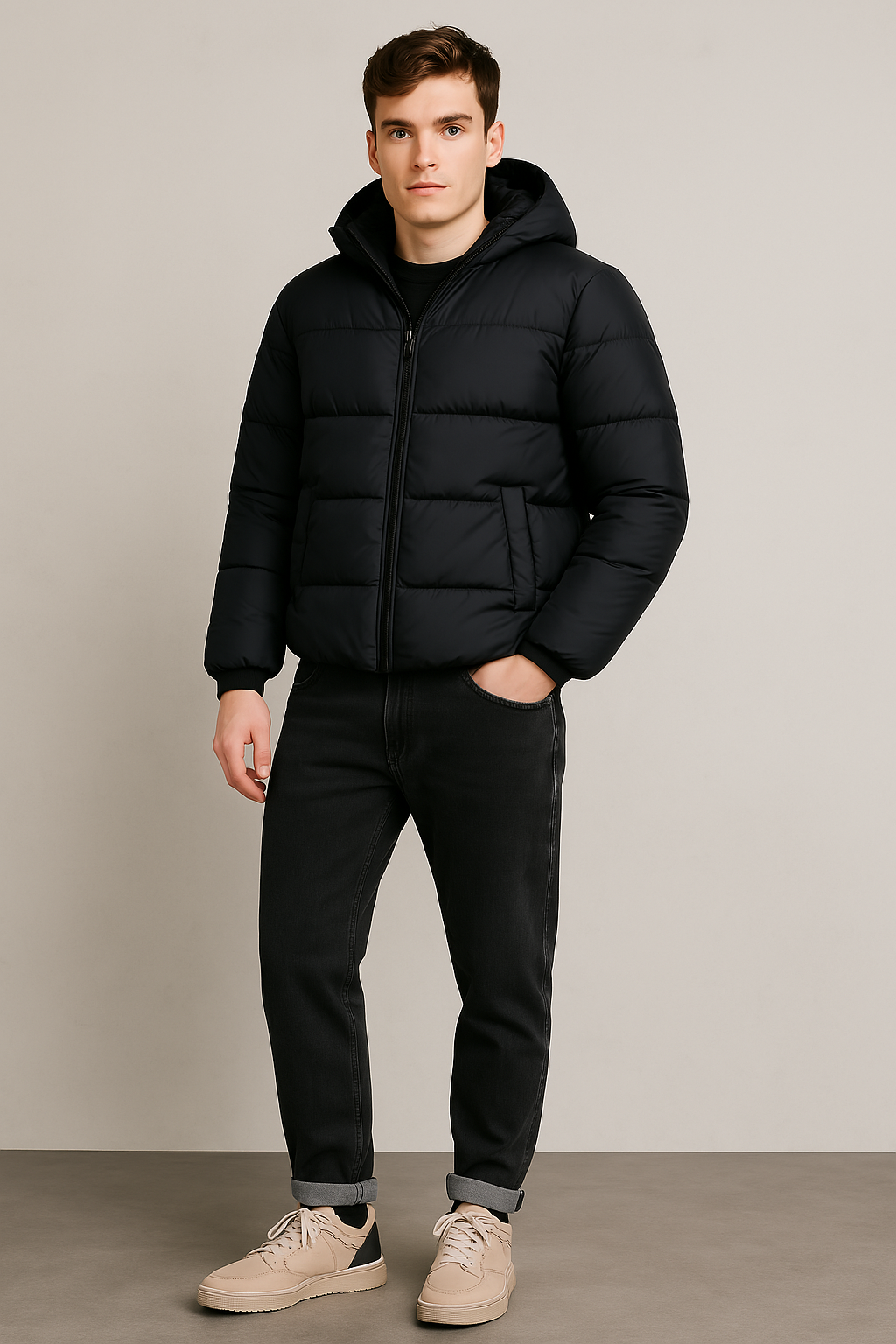 Stijlvolle look - Puffer jacket + Straight taper jeans